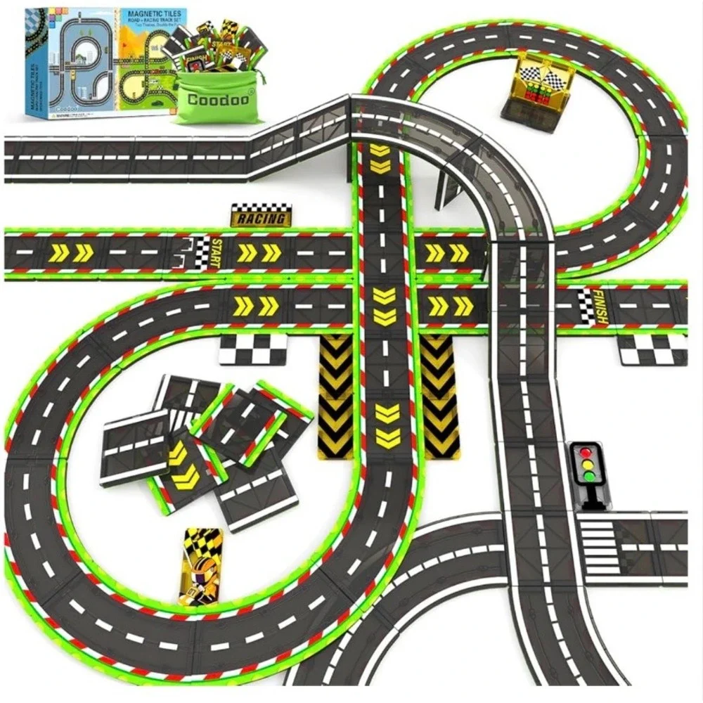 Coodoo Magnetic Tiles Road Racing Track Set 24 Piece STEM Building Toy Kids 3+